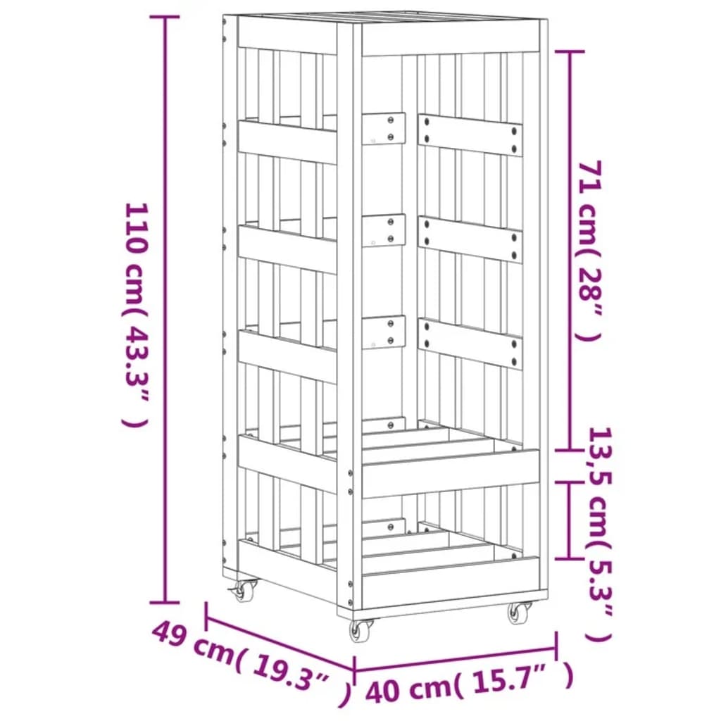 vidaXL Portalegna con Ruote Nero 40x49x110 cm Legno Massello di Pino