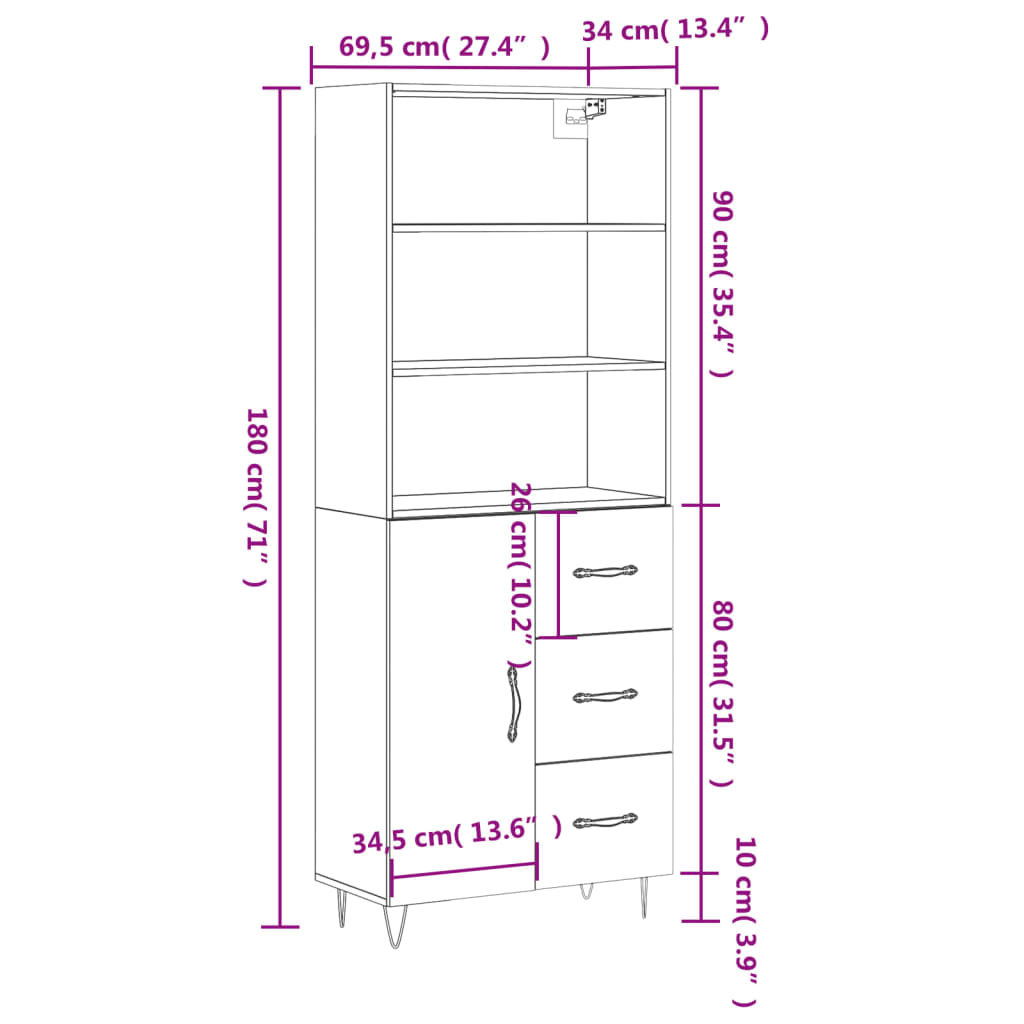 vidaXL Credenza Rovere Marrone 69,5x34x180 cm in Legno Multistrato