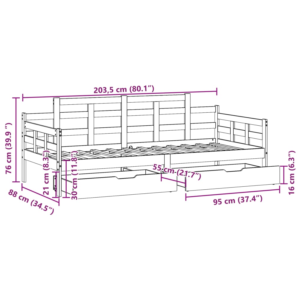 vidaXL Dormeuse con Cassetti 80x200 cm in Legno Massello di Pino