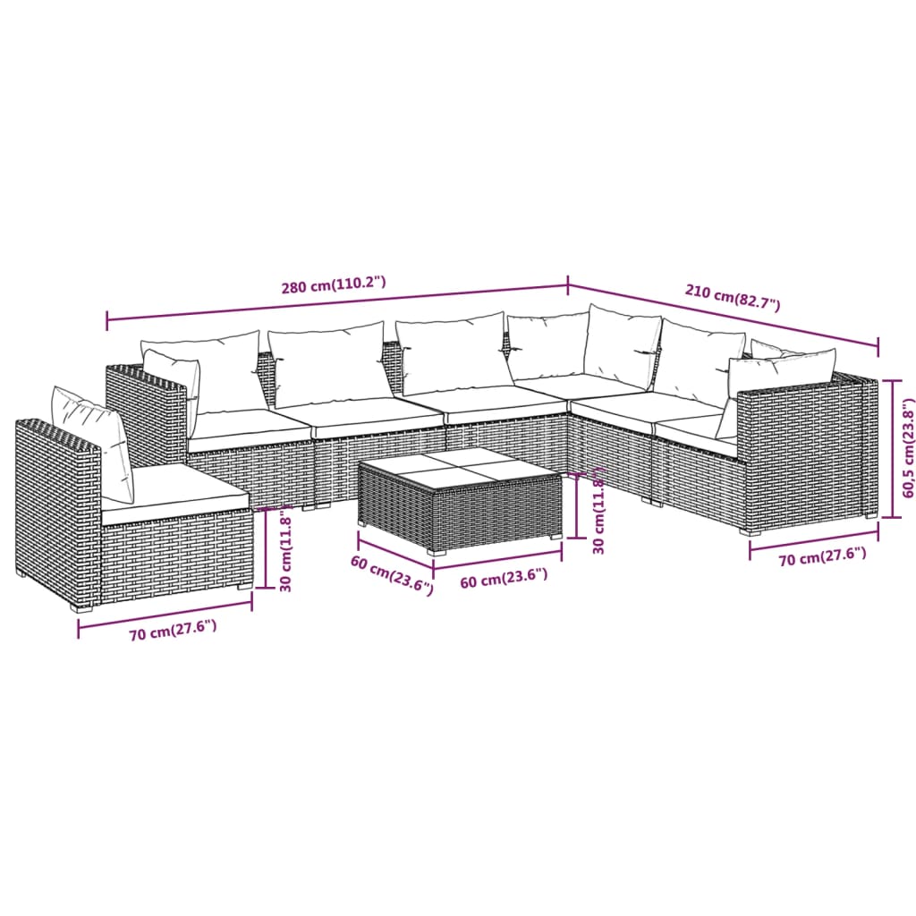 vidaXL Set Divani da Giardino 8 pz con Cuscini in Polyrattan Marrone