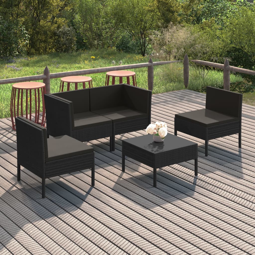 vidaXL Set Divani da Giardino 5 pz con Cuscini in Polyrattan Nero