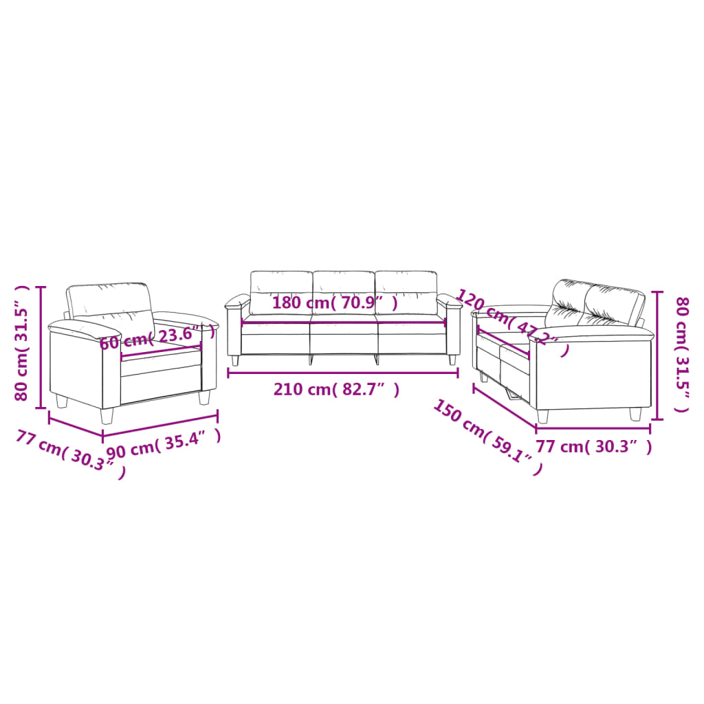 vidaXL Set Divani 3 pz con Cuscini Tortora in Tessuto Microfibra