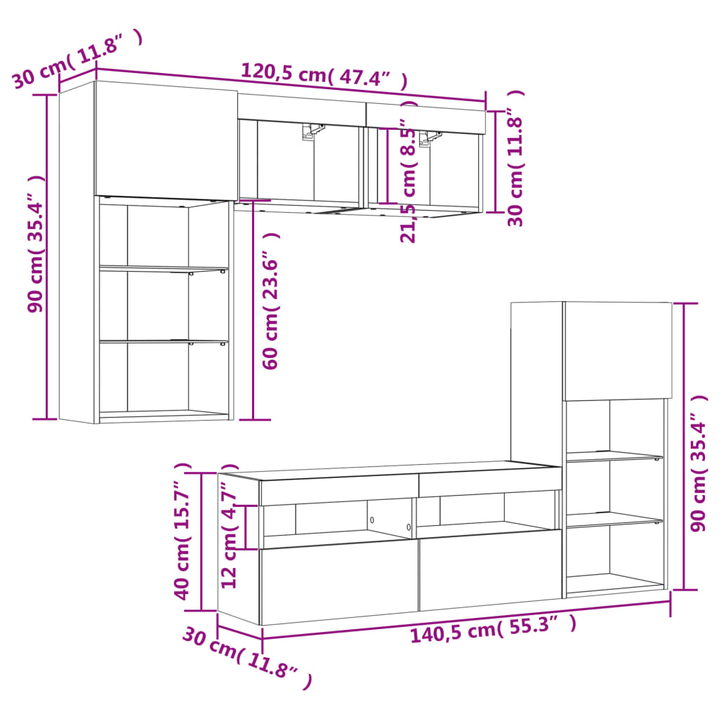 vidaXL Mobili TV a Muro con LED 5pz Rovere Sonoma Legno Multistrato