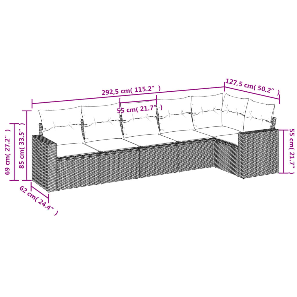 vidaXL Set Divano da Giardino 6 pz con Cuscini Nero in Polyrattan