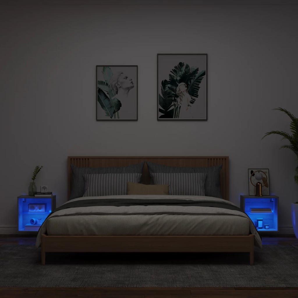 vidaXL Comodini con Luci LED a Parete 2pz Grigio Sonoma