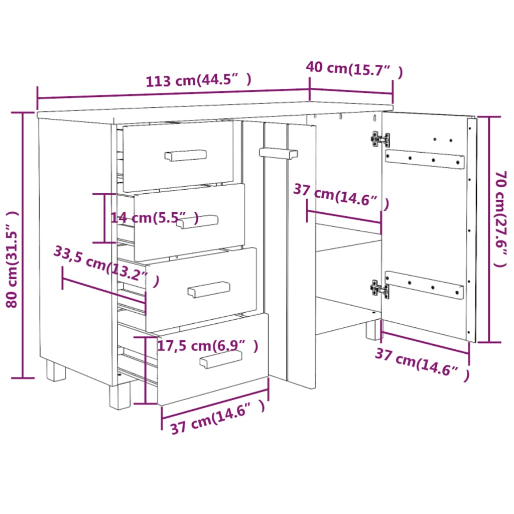 vidaXL Credenza HAMAR Grigio Chiaro 113x40x80cm Legno Massello di Pino