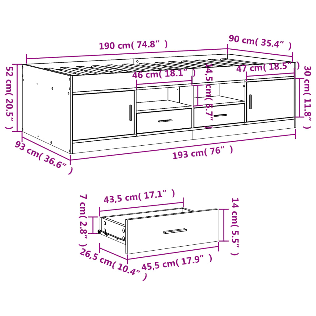 vidaXL Divano Letto con Cassetti senza Materasso 90x190 cm