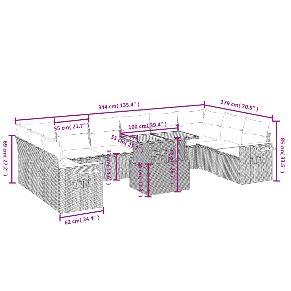 vidaXL Set Divani da Giardino 11 pz con Cuscini in Polyrattan Nero