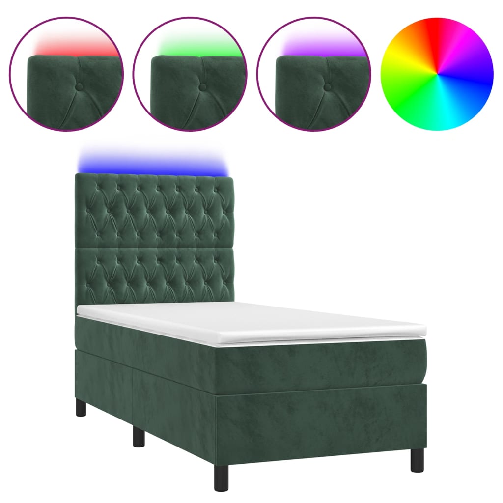 vidaXL Letto a Molle con Materasso e LED Verde Scuro 90x190 cm Velluto