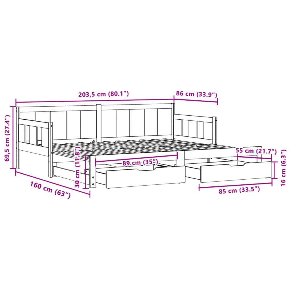 vidaXL Dormeuse con Letto Estraibile e Cassetti 80x200cm Massello Pino