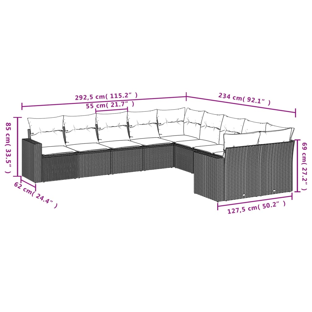 vidaXL Set Divani da Giardino 10pz con Cuscini in Polyrattan Nero