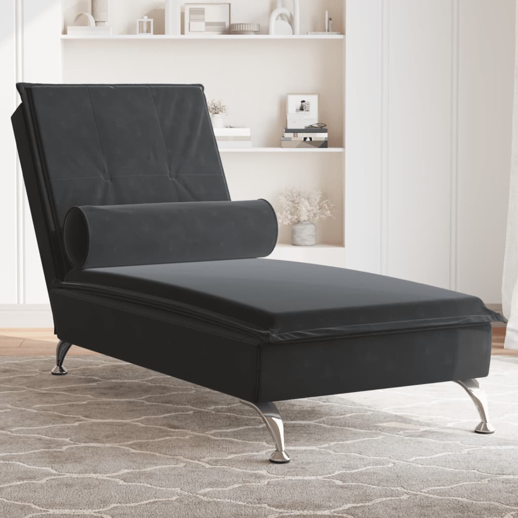 vidaXL Chaise Longue Massaggi con Cuscino a Rullo Nero in Velluto