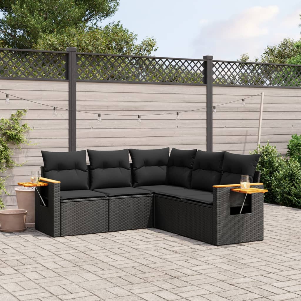 vidaXL Set Divani da Giardino 5 pz con Cuscini in Polyrattan Nero