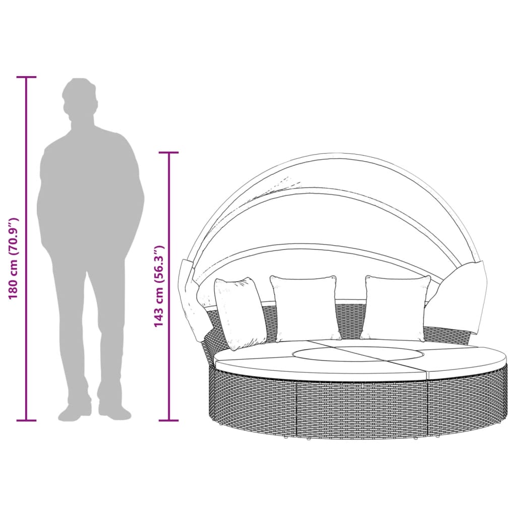 vidaXL Lettino Prendisole Esterno Tetto e Cuscini Nero in Polyrattan