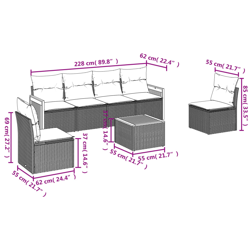 vidaXL Set Divani da Giardino con Cuscini 7pz Nero Polyrattan