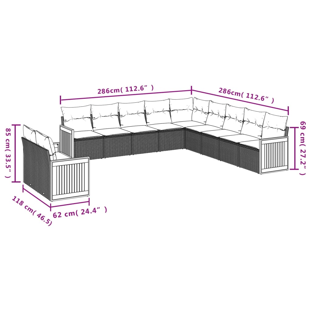 vidaXL Set Divani da Giardino 11 pz con Cuscini in Polyrattan Grigio