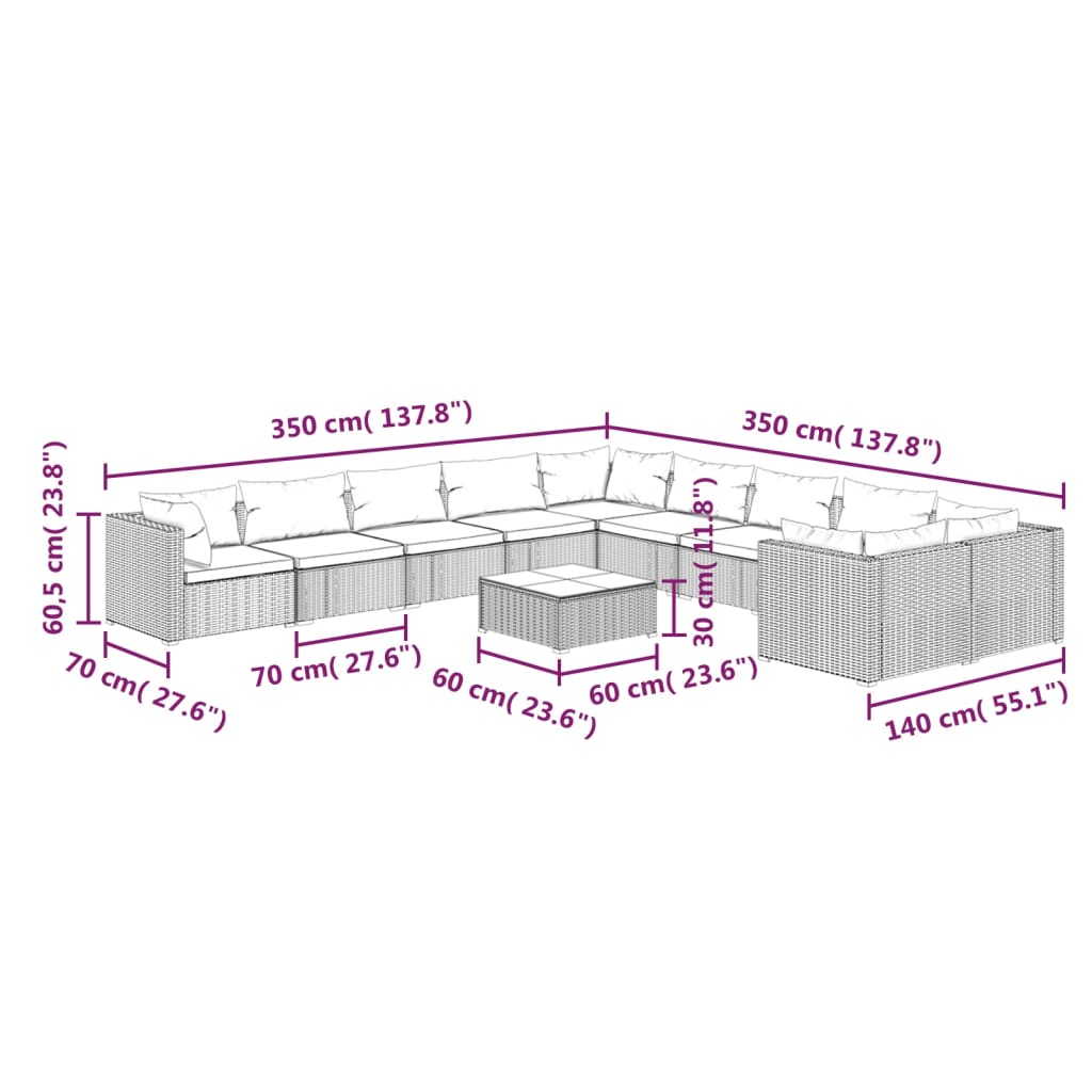 vidaXL Set Divani da Giardino 11 pz con Cuscini in Polyrattan Marrone