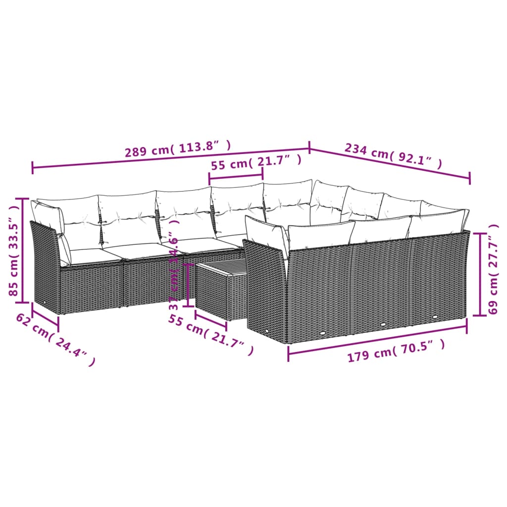 vidaXL Set Divani da Giardino 11 pz con Cuscini in Polyrattan Nero