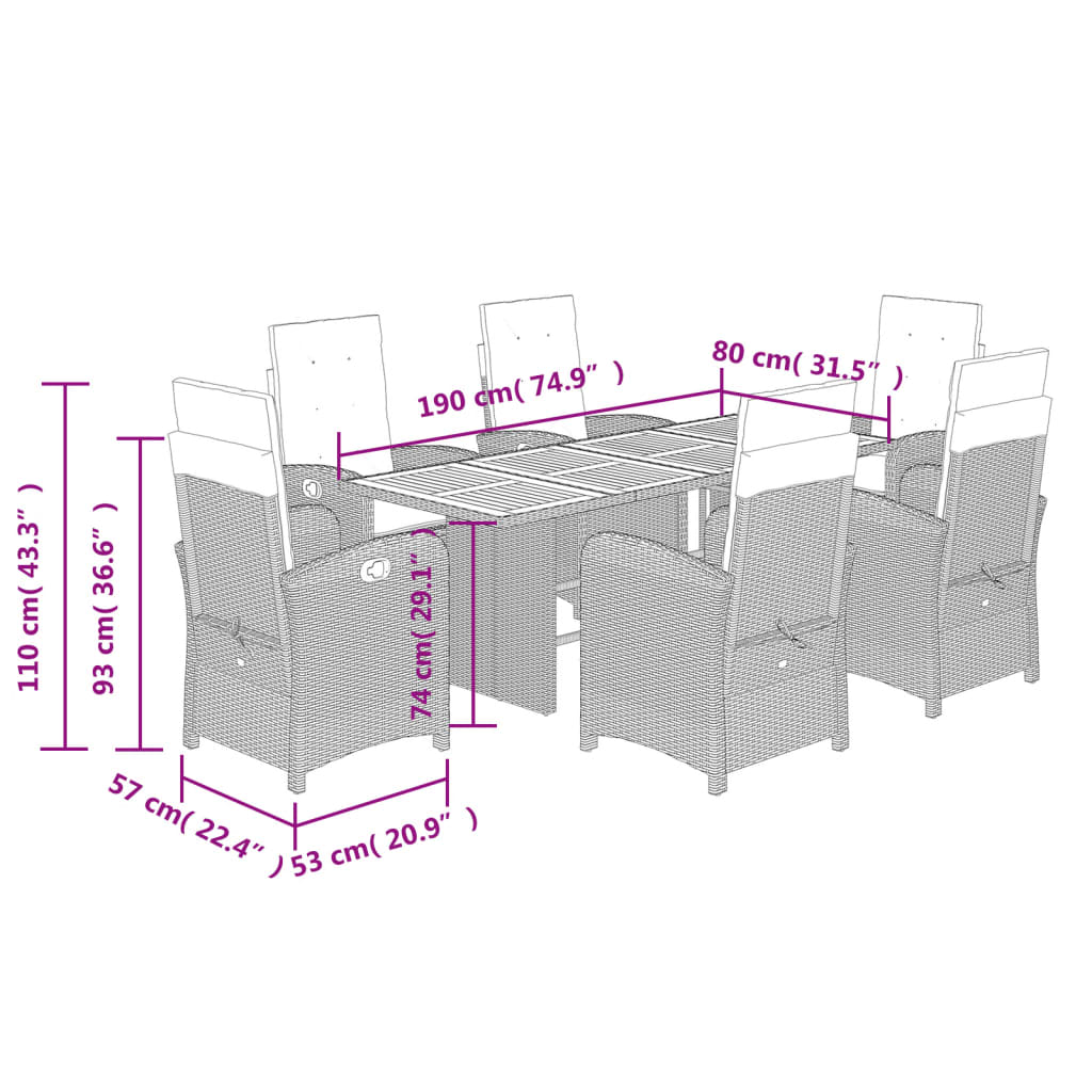 vidaXL Set da Pranzo da Giardino 7 pz Nero con Cuscini in Polyrattan