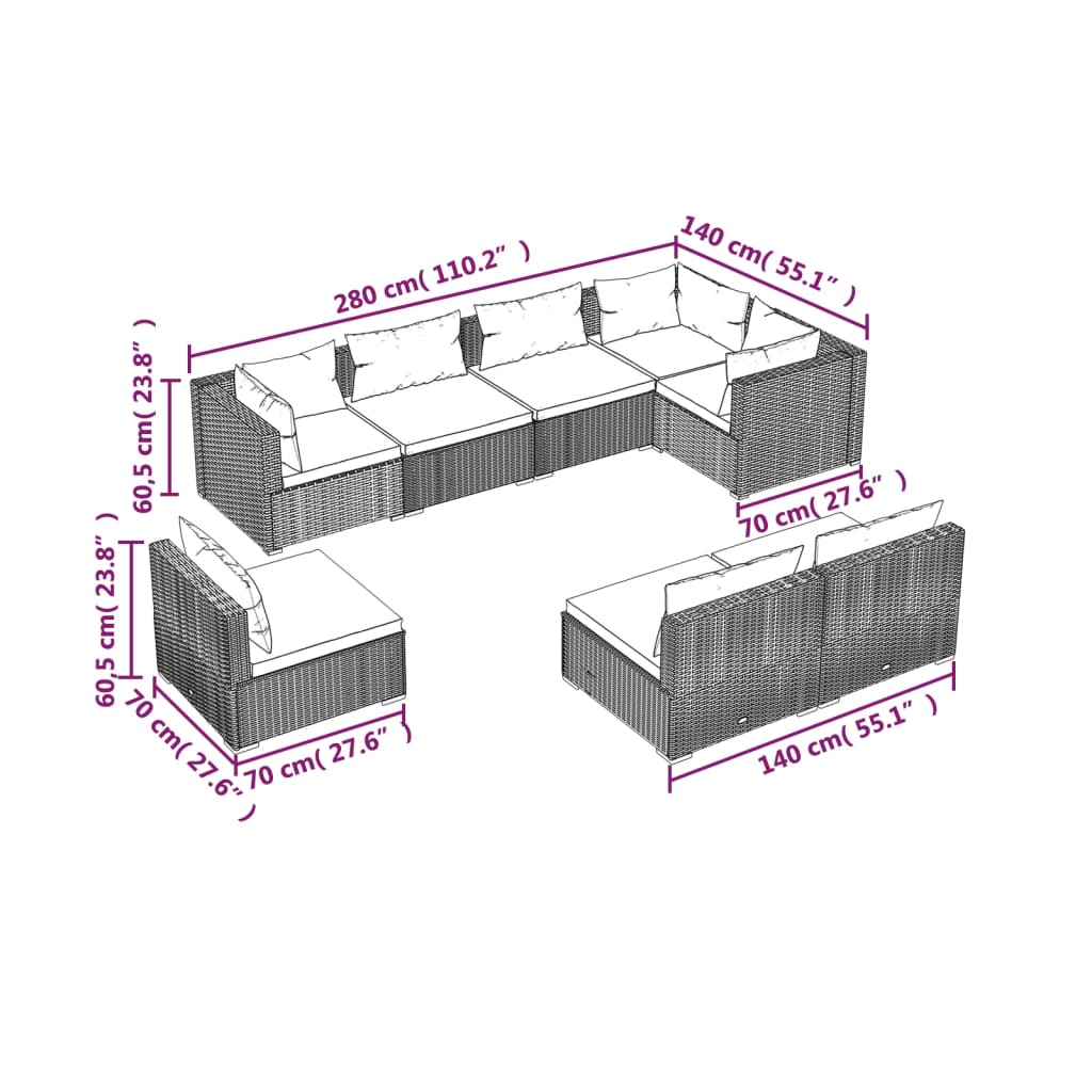 vidaXL Set Divani da Giardino 8 pz con Cuscini in Polyrattan Marrone