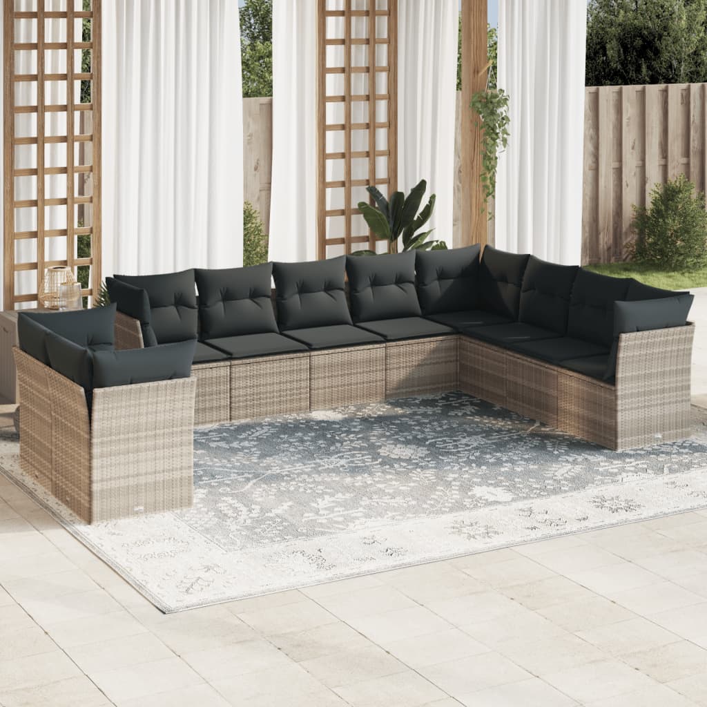 vidaXL Set Divano Giardino 10 pz con Cuscini Grigio Chiaro Polyrattan