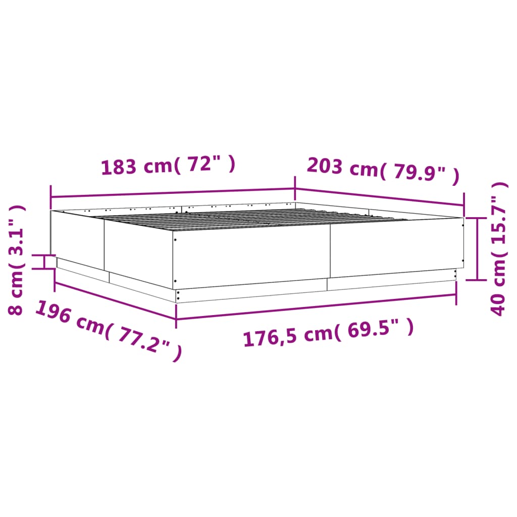 vidaXL Giroletto Luci LED Grigio Sonoma 180x200 cm Legno Multistrato