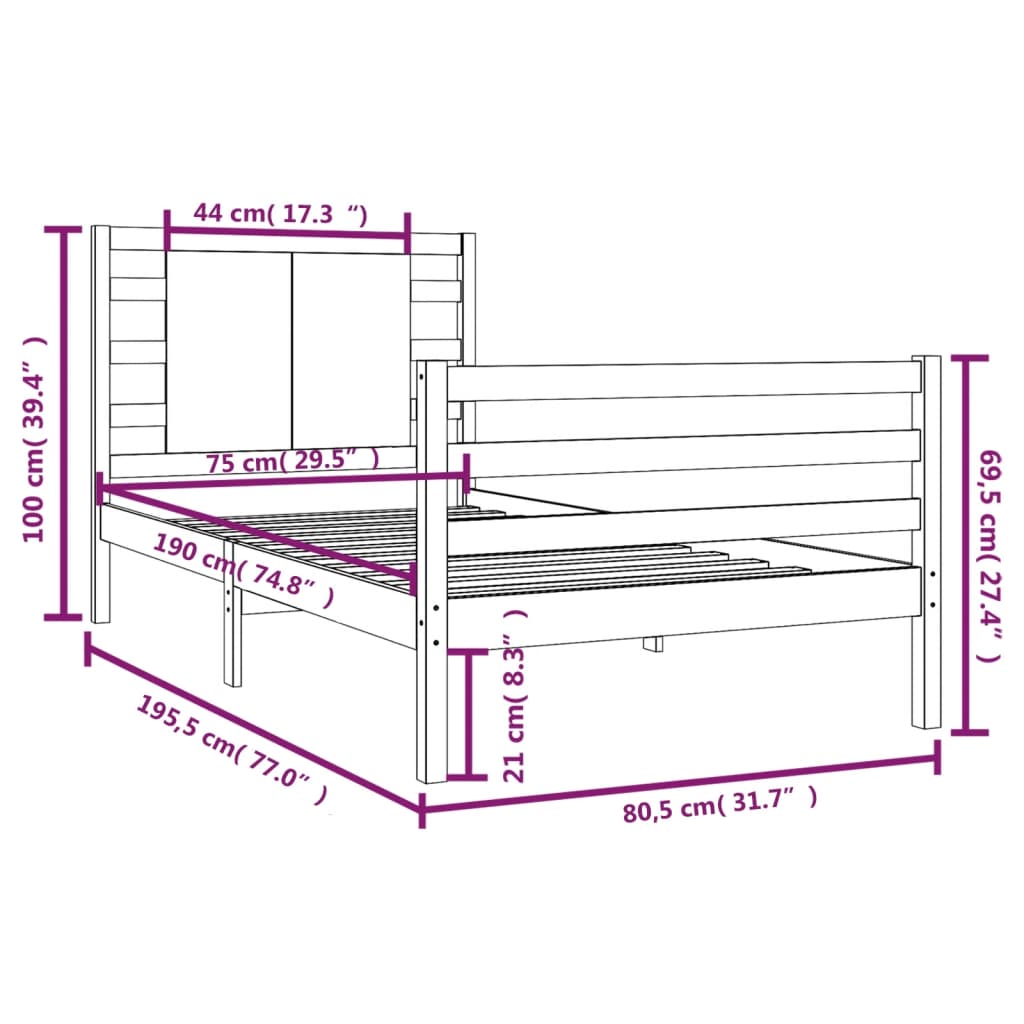 vidaXL Giroletto in Legno Massello Grigio 75x190 cm Small Single