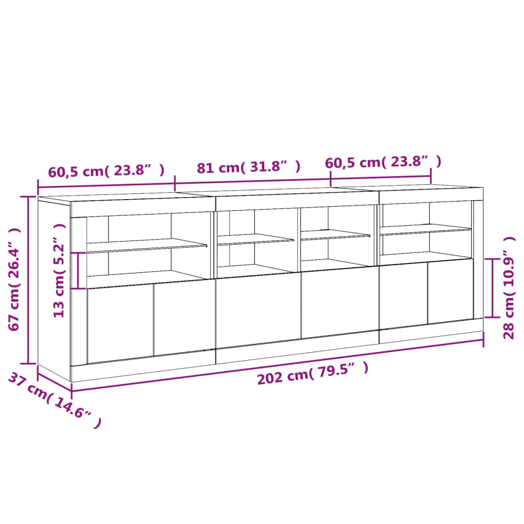 vidaXL Credenza con Luci LED Bianca 202x37x67 cm