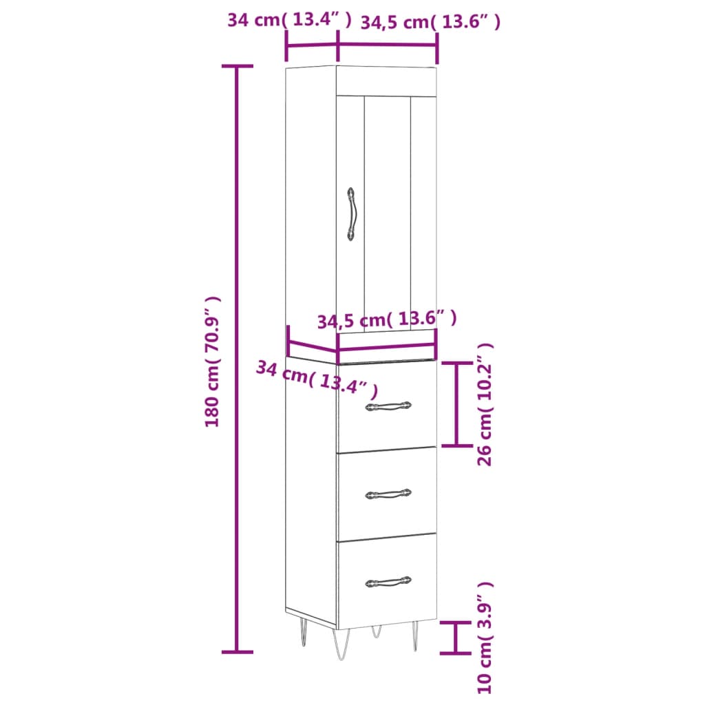 vidaXL Credenza Nera 34,5x34x180 cm in Legno Multistrato