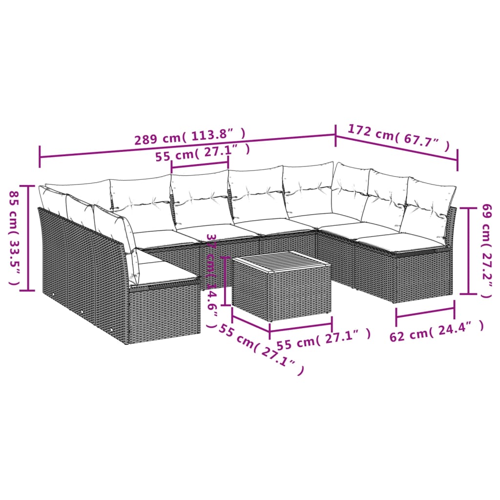 vidaXL Set Divano da Giardino 10 pz con Cuscini Beige Misto Polyrattan