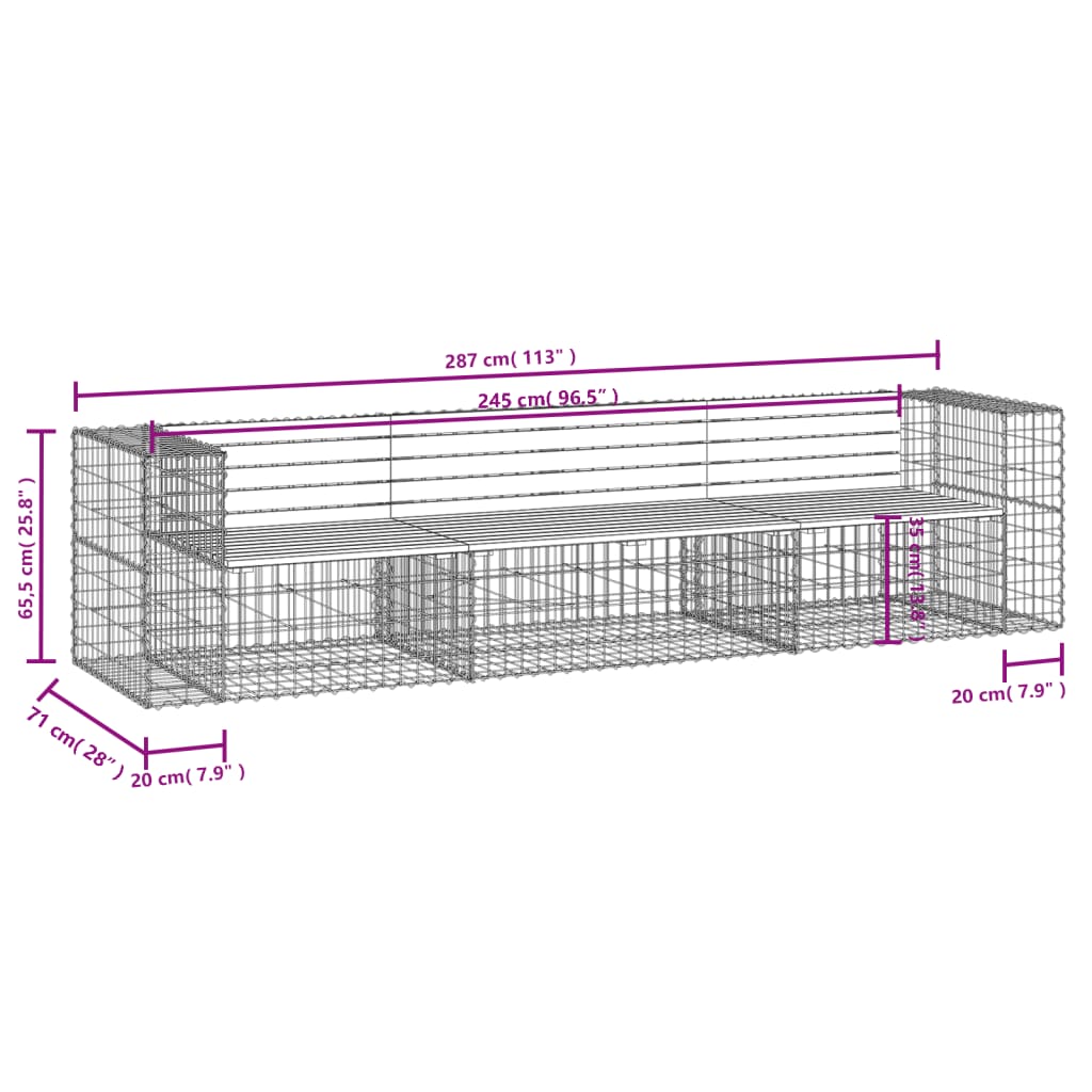 vidaXL Panca Giardino Design Gabbione 287x71x65,5 cm Massello di Pino