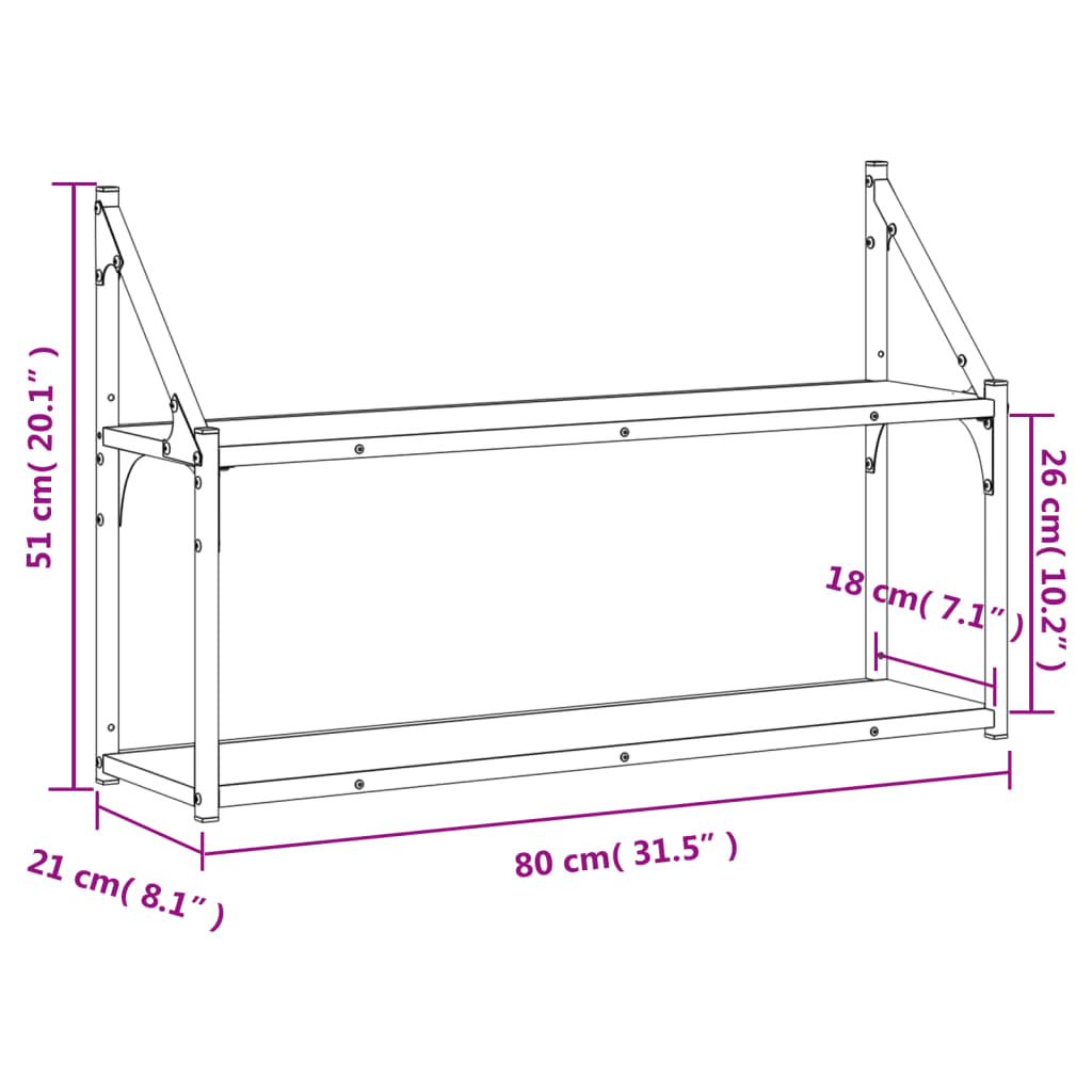 vidaXL Scaffale Parete 2 Ripiani Grigio Sonoma 80x21x51 cm Multistrato