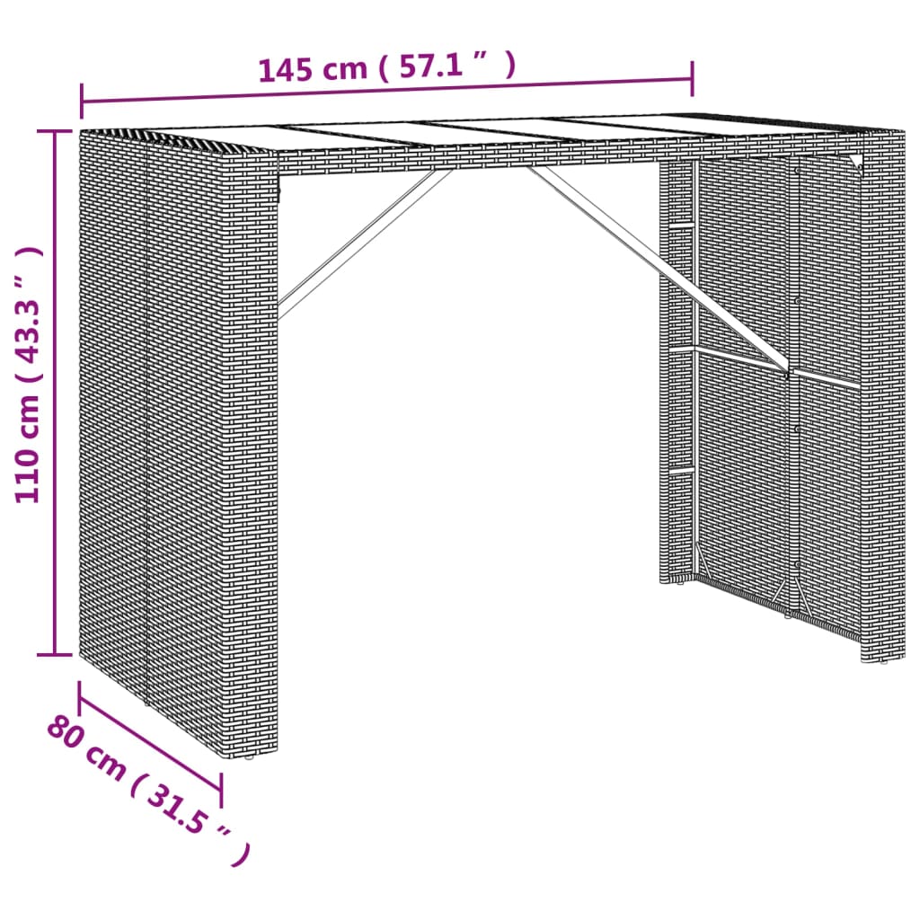 vidaXL Tavolo Bar con Piano in Vetro Nero 145x80x110 cm Polyrattan