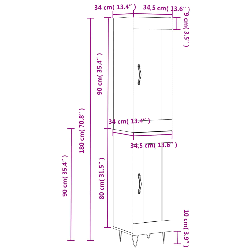 vidaXL Credenza 34,5x34x180 cm in Legno Multistrato Bianco Lucido