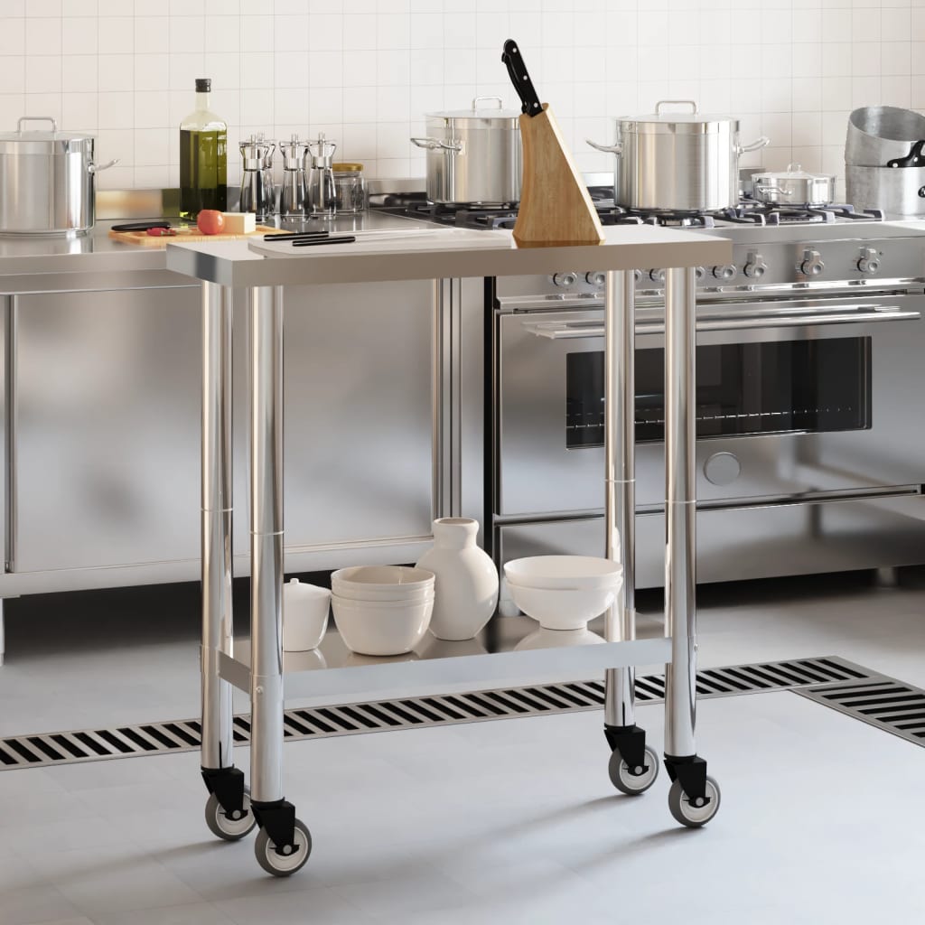 vidaXL Tavolo da Lavoro Cucina con Ruote 82,5x30x85 cm in Acciaio Inox