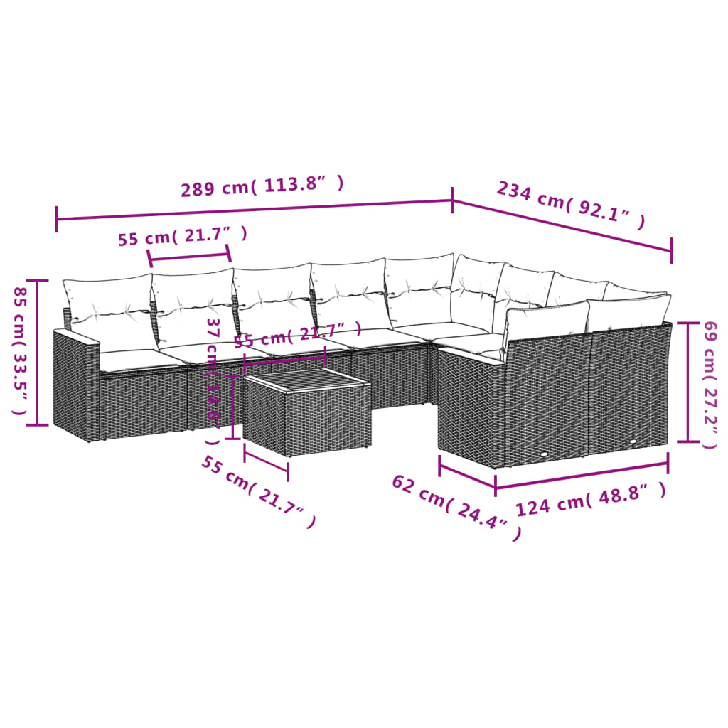 vidaXL Set Divano da Giardino 10 pz con Cuscini Grigio in Polyrattan