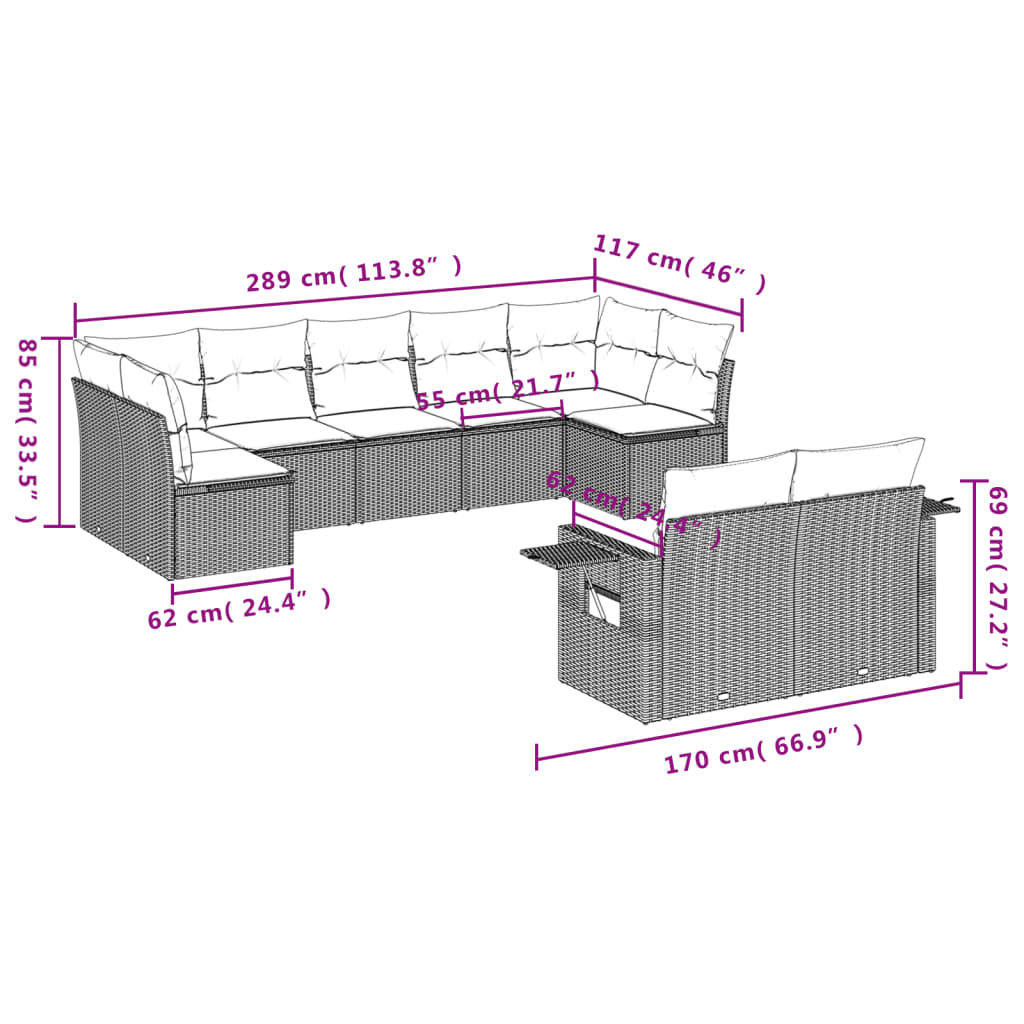 vidaXL Set Divano da Giardino 9 pz con Cuscini Beige in Polyrattan