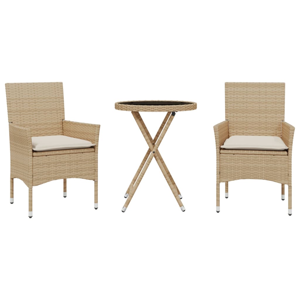 vidaXL Set da Bistrò 3 pz con Cuscini Beige Polyrattan e Vetro