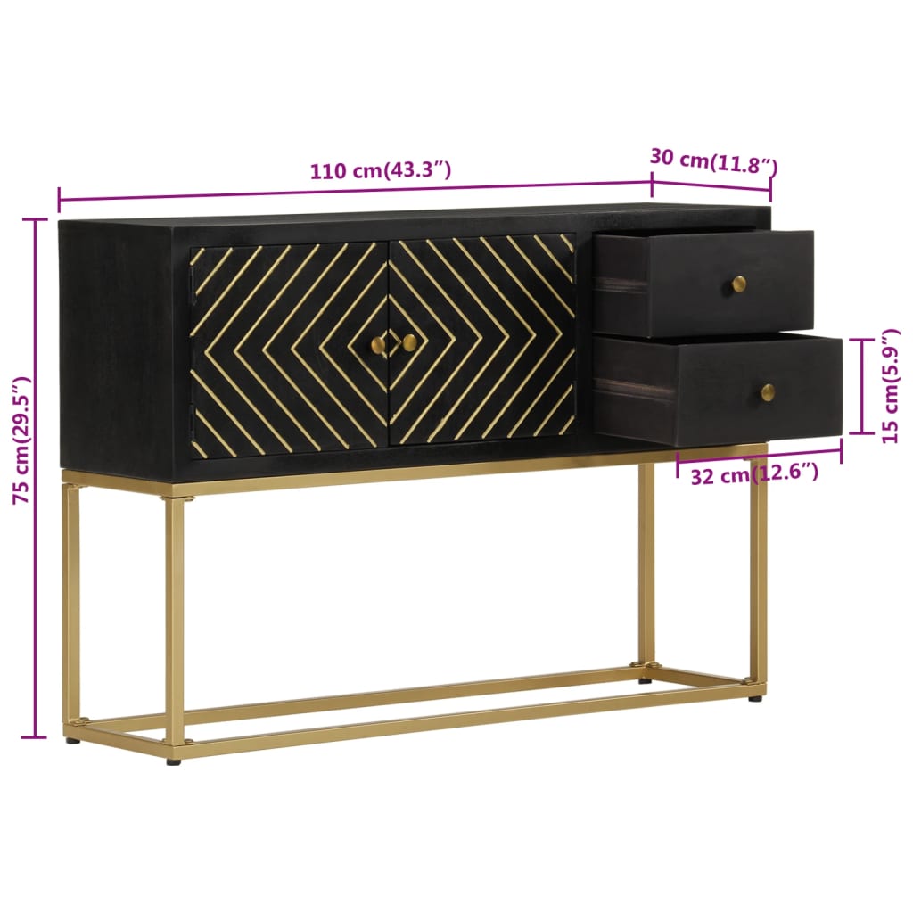 vidaXL Credenza Nera e Oro 110x30x75 cm in Legno Massello di Mango