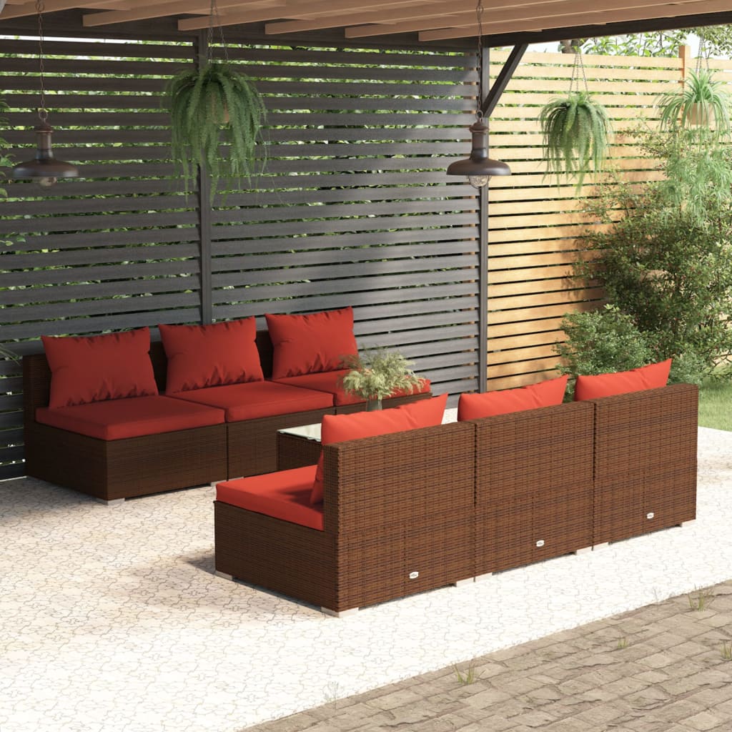 vidaXL Set Divani da Giardino 7 pz con Cuscini in Polyrattan Marrone