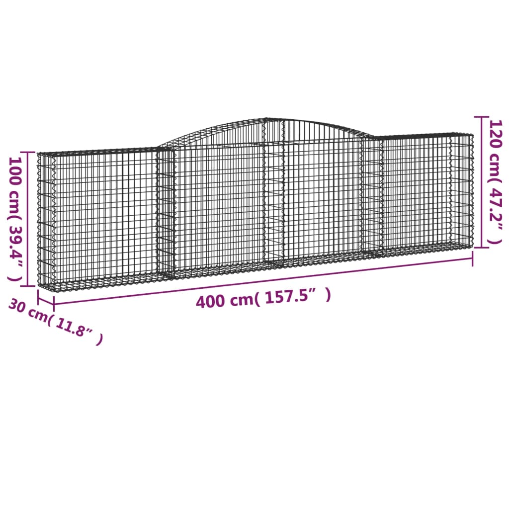 vidaXL Cesti Gabbioni ad Arco 10 pz 400x30x100/120 cm Ferro Zincato