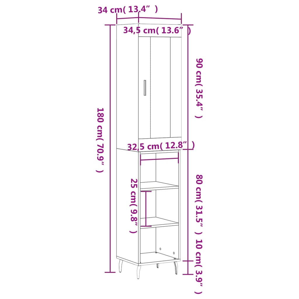 vidaXL Credenza Rovere Fumo 34,5x34x180 cm in Legno Multistrato