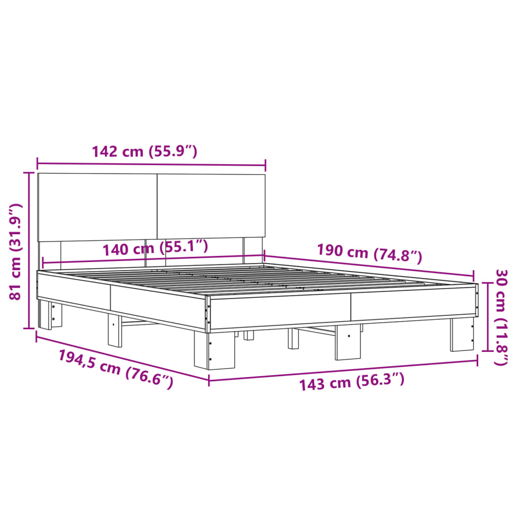 vidaXL Giroletto Grigio Sonoma 140x190 cm in Legno Multistrato Metallo