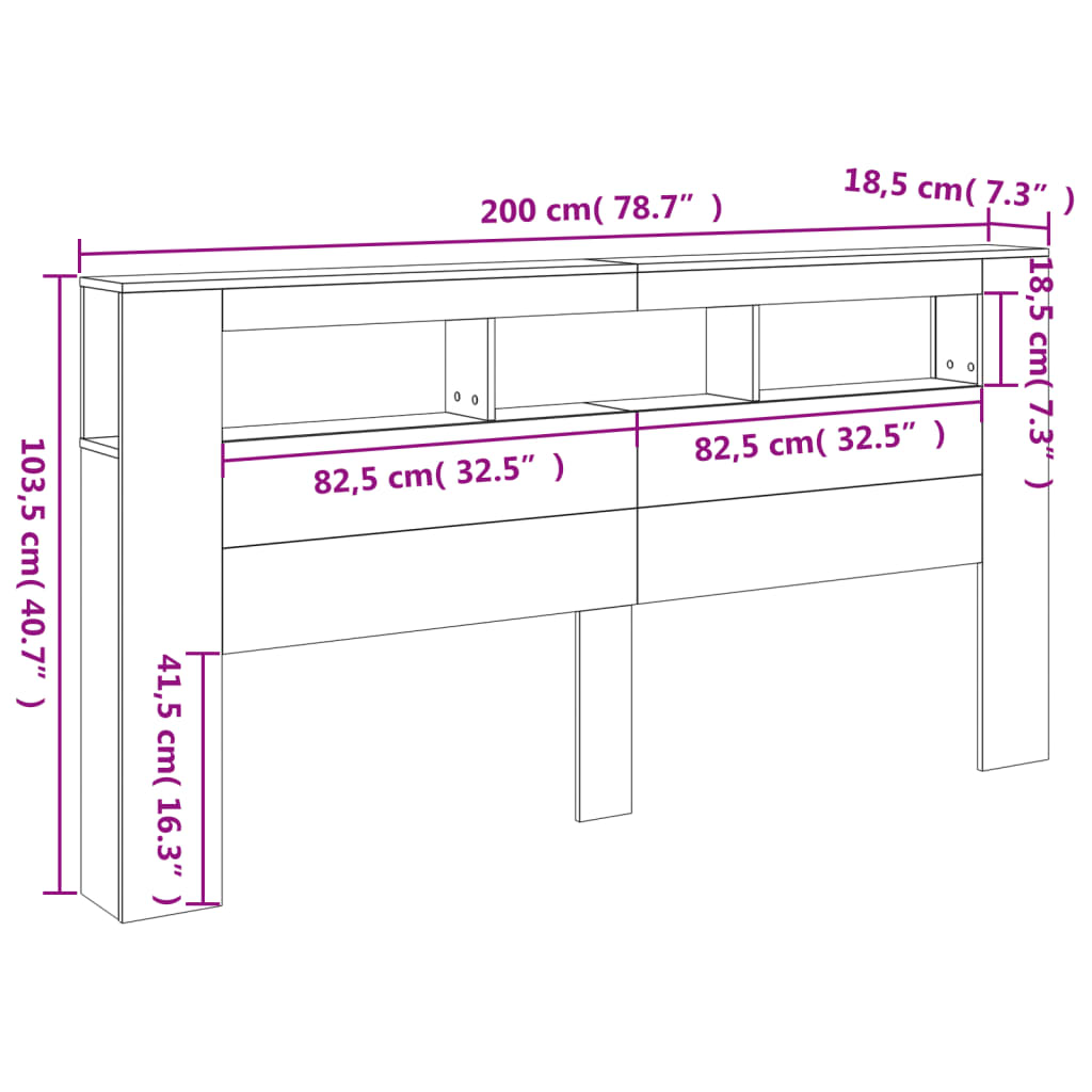 vidaXL Testiera LED Rovere Sonoma 200x18,5x103,5 cm Legno Multistrato