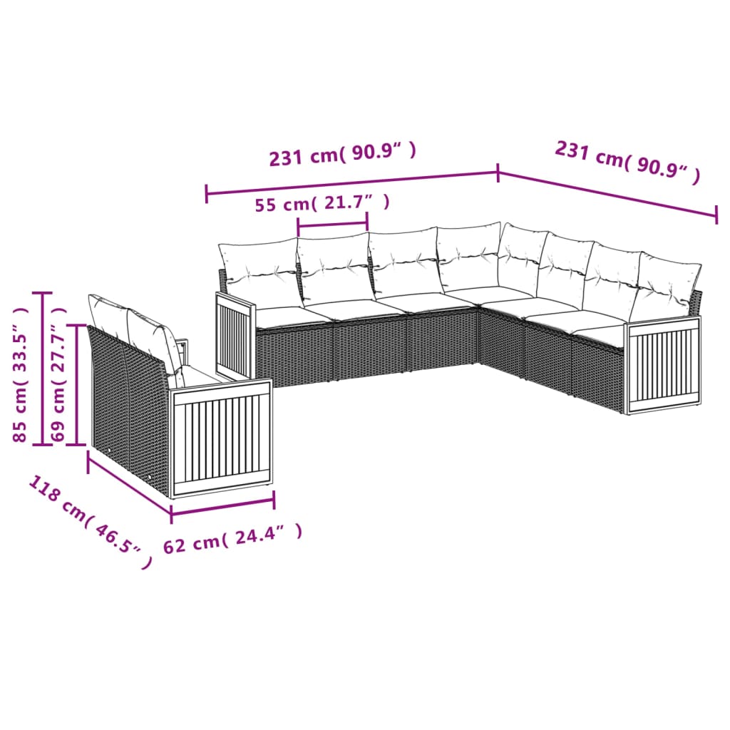 vidaXL Set Divano da Giardino 9 pz con Cuscini Beige in Polyrattan