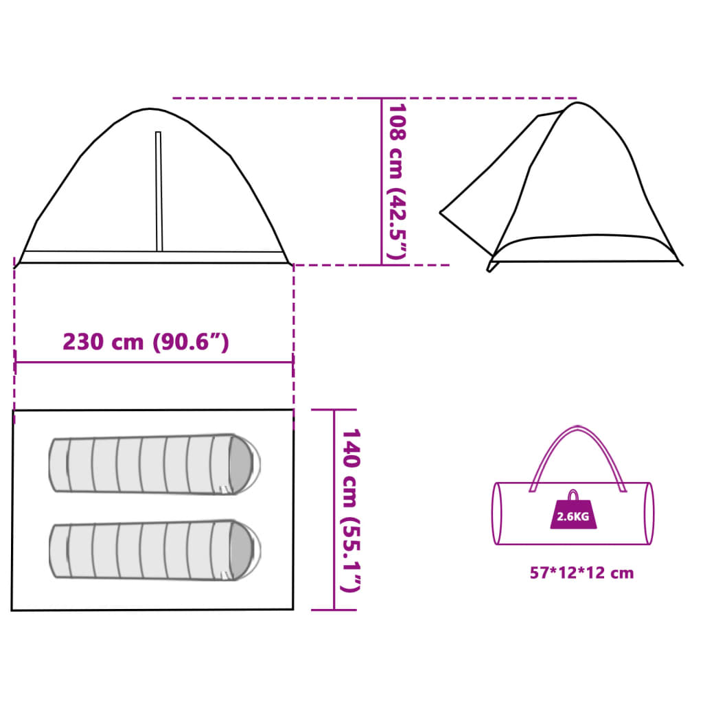 vidaXL Tenda da Campeggio a Cupola 2 Persone Grigio e Arancione