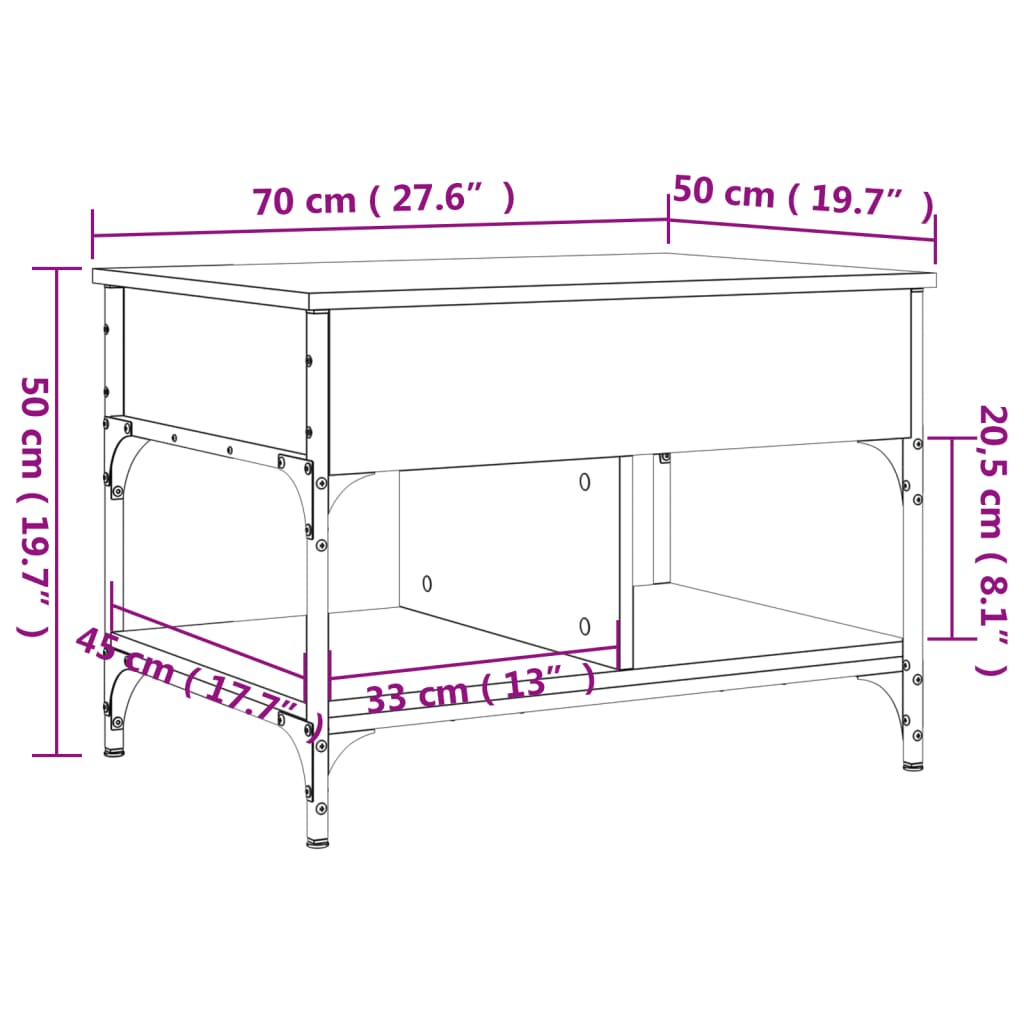 vidaXL Tavolino Salotto Grigio Sonoma 70x50x50 cm Multistrato Metallo