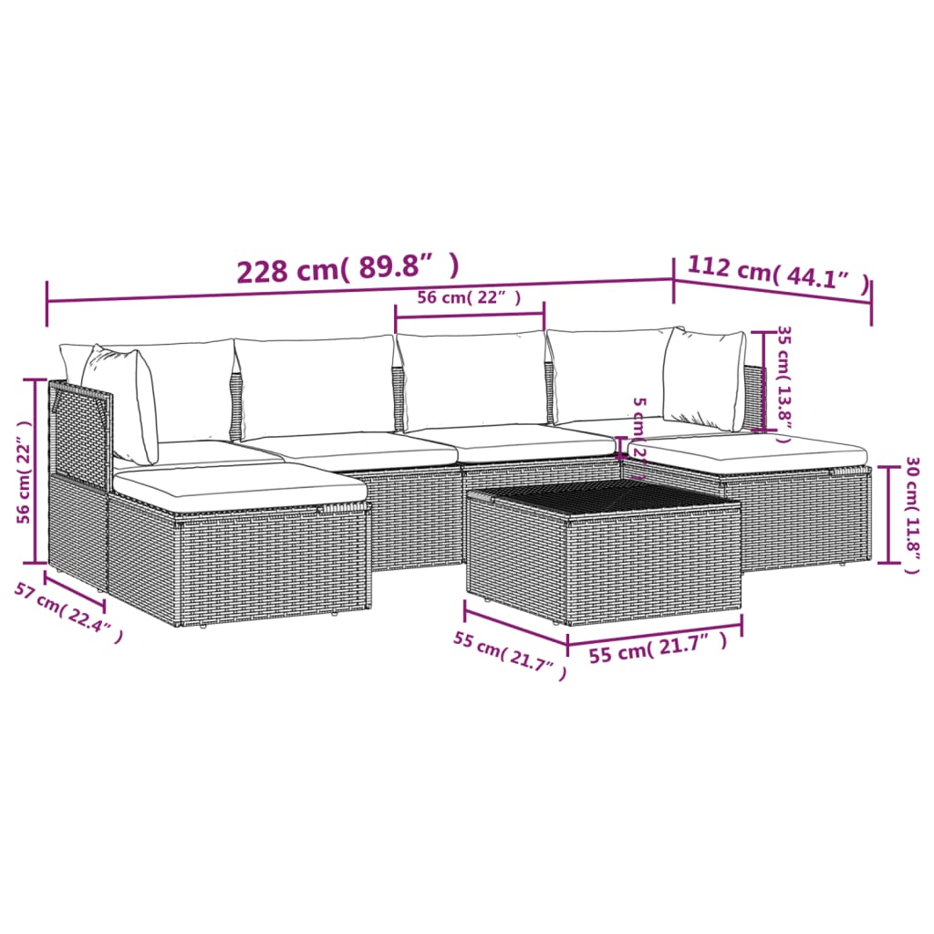 vidaXL Set Divani da Giardino 7 pz con Cuscini in Polyrattan Grigio