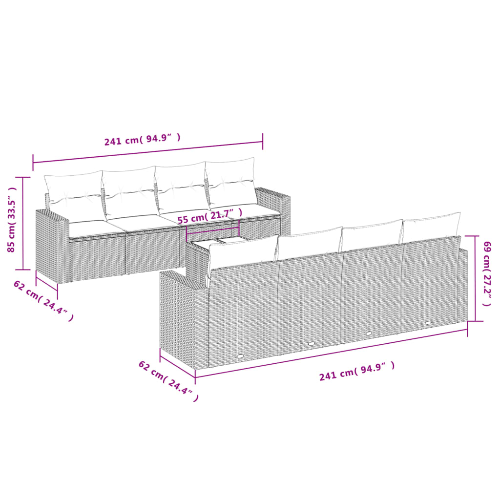 vidaXL Set Divani da Giardino 9 pz con Cuscini Nero in Polyrattan