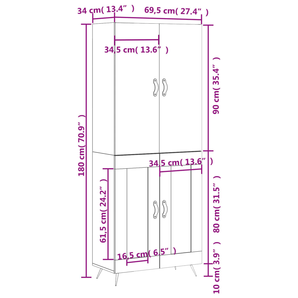 vidaXL Credenza Nera 69,5x34x180 cm in Legno Multistrato